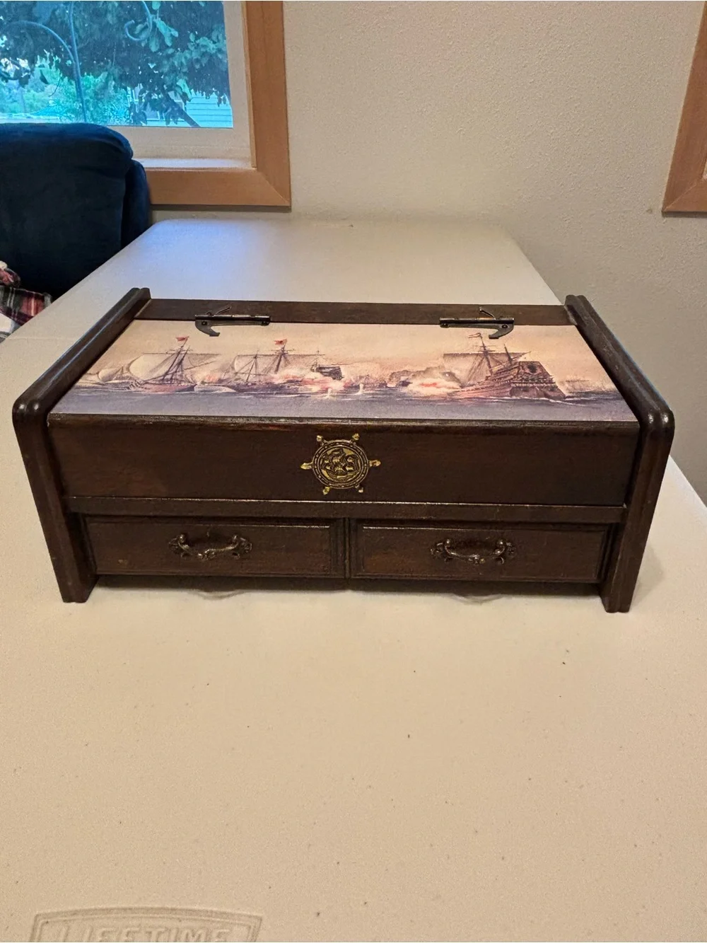 Vintage Wooden Jewelry Box with Nautical Sailing Ship Battle Scene Print on lid